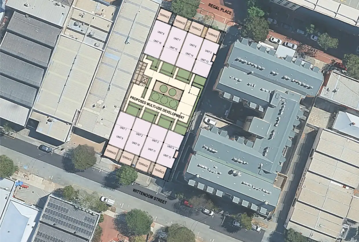 Regal Place &mdash; aerial site plan showing the development footprint within the street block